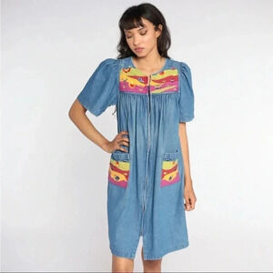 Vintage 90’s Go softly patio cotton floral embroidered mumu dress small 0228‎